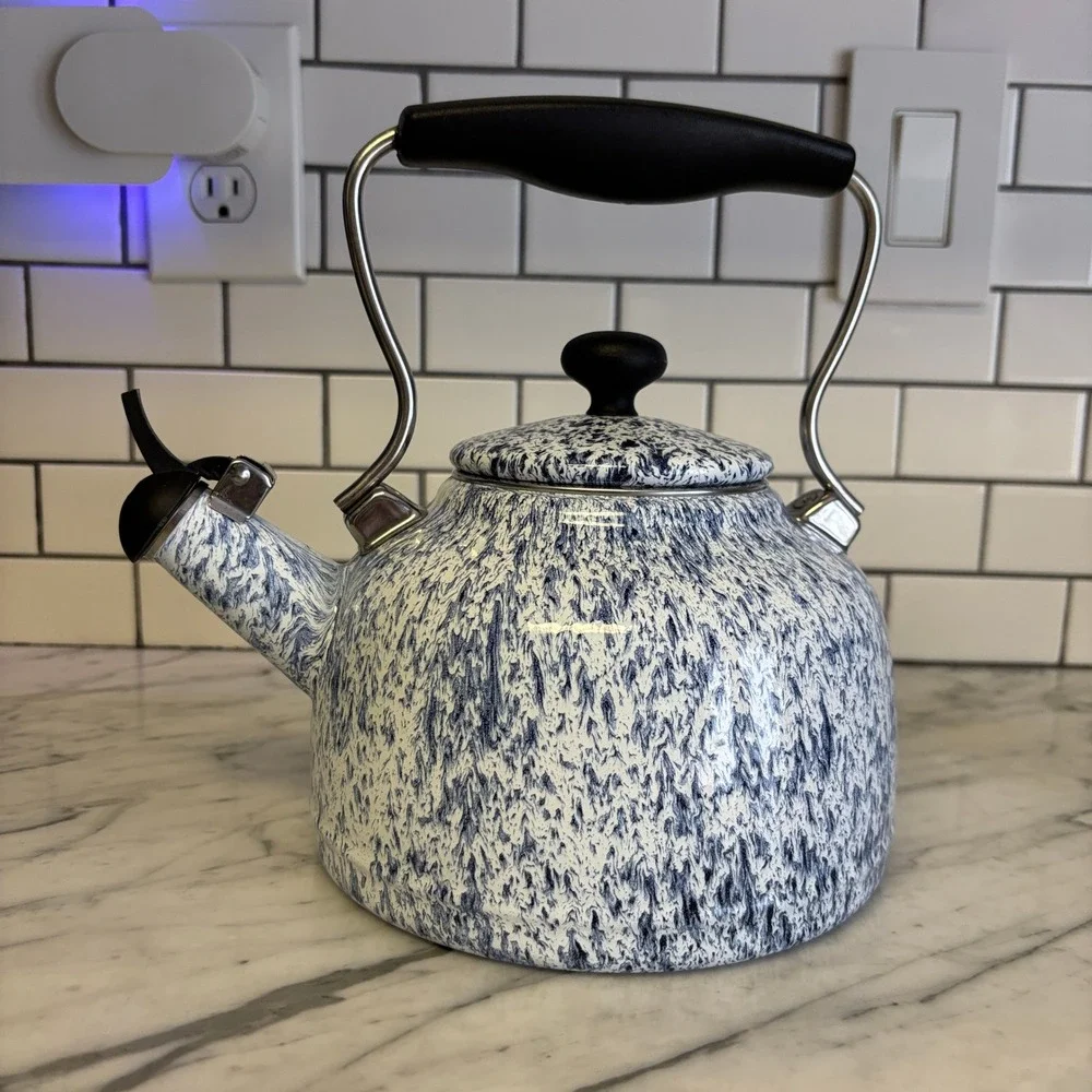 Chantal Vintage Series Whistling Enamel On Steel Splatter Blue Tea Kettle 1.7qt